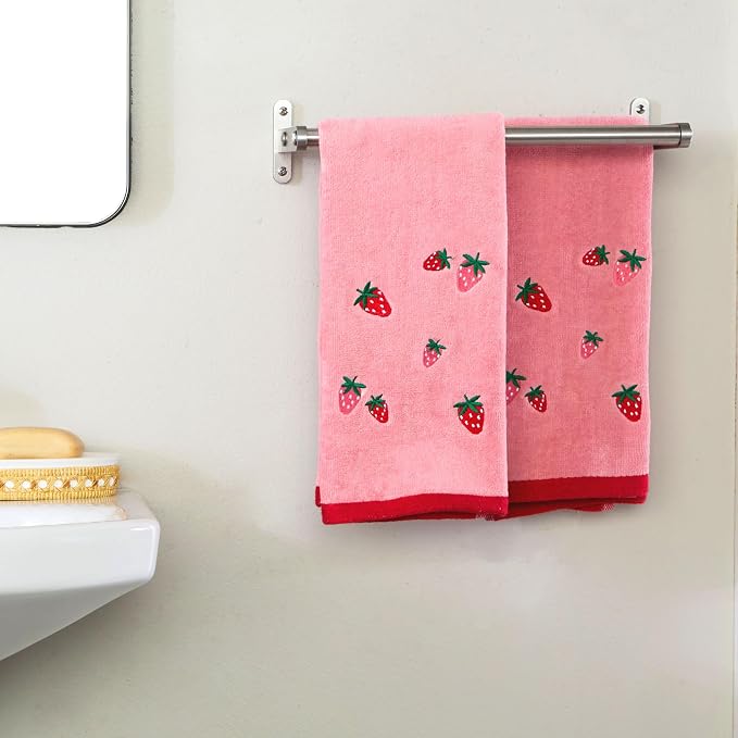 SKL Home Strawberry Toss Hand Towel Set-2pc, 100% Cotton, Embroidered, Pink | Soft & decorative velour. For use in the bathroom, kitchen or bar. Great for spring, summer & year-round décor.