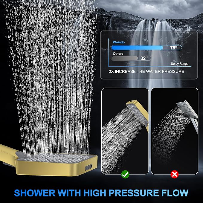 Woindo Shower Faucet Set, 10" Wall Mount Rainfall Shower System with 2 Rain Shower Head and Multi-function Handheld Head Push Button Diverter Shower Faucet Trim Kit