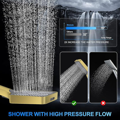 Woindo Shower Faucet Set, 12" Wall Mount Rainfall Shower System with 2 Rain Shower Head and Multi-function Handheld Head Push Button Diverter Shower Faucet Trim Kit