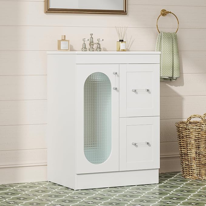 Sweetcrispy 24 Inch Bathroom Vanity with Sink, Bathroom Storage Cabinet | Modern Ceramic Basin Undermount 1-Door 2-Drawer Freestanding Combo Set, Ivory