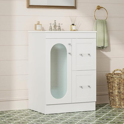 Sweetcrispy 24 Inch Bathroom Vanity with Sink, Bathroom Storage Cabinet | Modern Ceramic Basin Undermount 1-Door 2-Drawer Freestanding Combo Set, Ivory