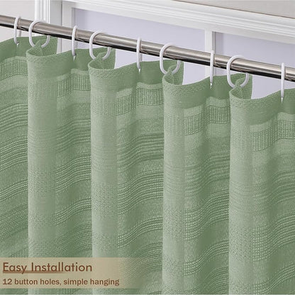 Light Green Shower Curtain for Bathroom, Boho Linen Textured Shower Curtain with Tassel, Rustic Striped Heavy Duty Vintage Country Bathroom Curtain, 72Wx72L Inches