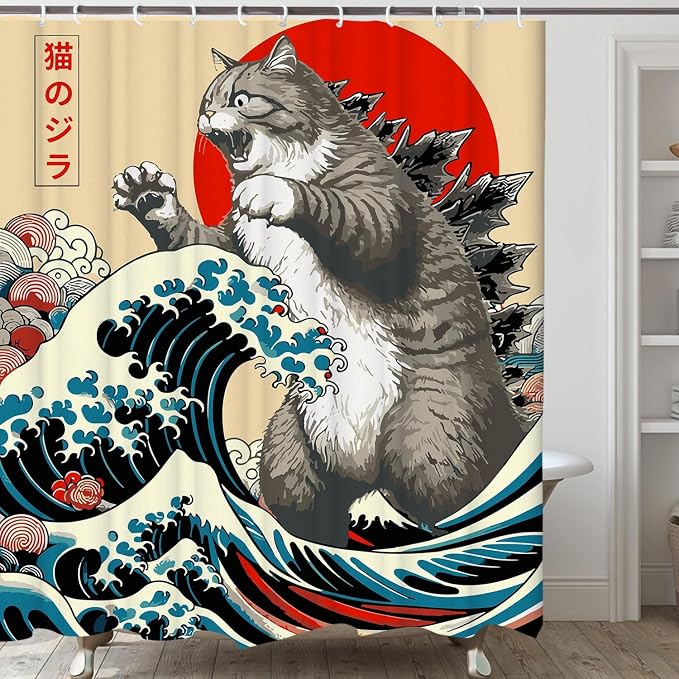 Funny Japanese Cat Shower Curtain,Vintage Cat Art Japan Sunset Waterproof Shower Curtain with Hooks, Fabric Shower Curtains for Bathroom Decor 48X72inches