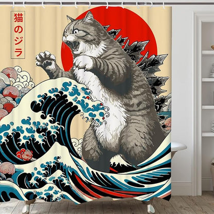 Funny Japanese Cat Shower Curtain,Vintage Cat Art Japan Sunset Waterproof Shower Curtain with Hooks, Fabric Shower Curtains for Bathroom Decor 48X72inches