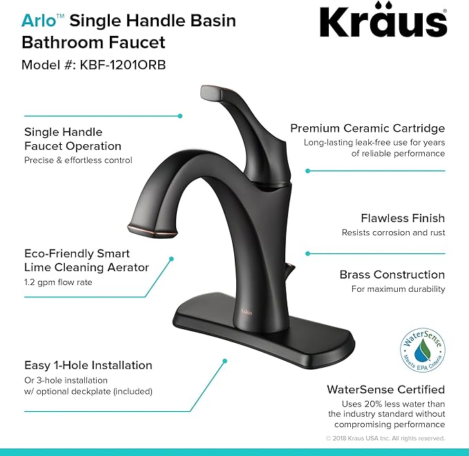 KRAUS KBF-1201ORB Arlo Single Handle Basin Bathroom Faucet with Lift Rod Drain and Deck Plate, Oil Rubbed Bronze