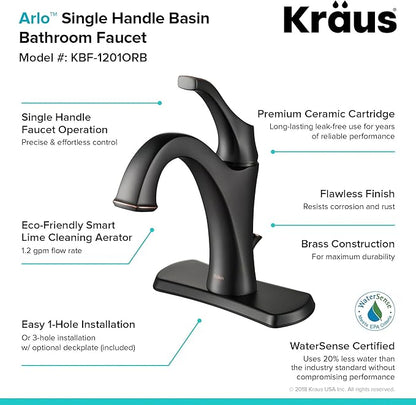 KRAUS KBF-1201ORB Arlo Single Handle Basin Bathroom Faucet with Lift Rod Drain and Deck Plate, Oil Rubbed Bronze