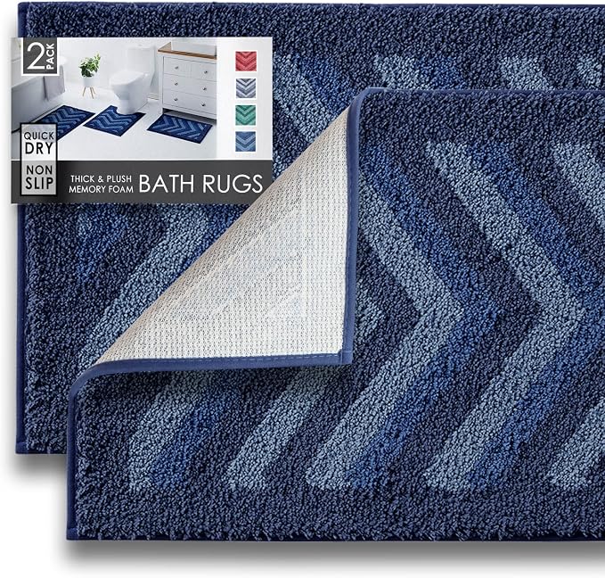 Hearth & Harbor Bathroom Rugs, Shaggy Plush Bath Mat, Ultra Soft Non Slip Backing Rubber, Chevron Design Bath Rug, Blue, 2 Piece Set