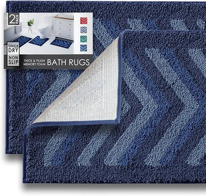 Hearth & Harbor Bathroom Rugs, Shaggy Plush Bath Mat, Ultra Soft Non Slip Backing Rubber, Chevron Design Bath Rug, Blue, 2 Piece Set