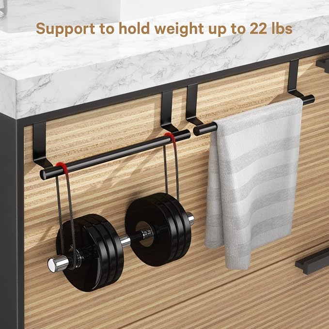 Over Cabinet Towel Bar, Stainless Steel Towel Holder, Black, 2 Pack | No-drill Over Cabinet Towel Rack, Rustproof Stainless steel, Scratch-resistant Foam Pads, Fits Doors Up to 0.8"