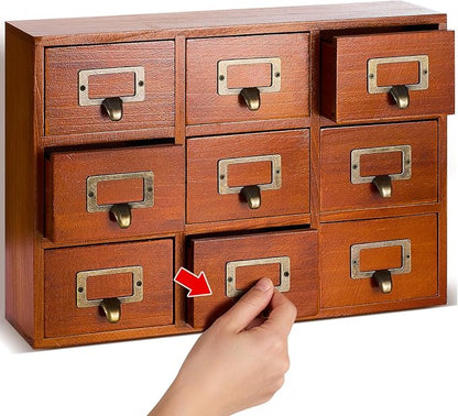 Qinyoung 9 Drawers Apothecary Cabinet Library Card Catalog Cabinet Tabletop Vintage Apothecary Chests Cabinets Rustic Herb Storage Box with Drawers Wooden Desk Drawer Organizer Medicine Furniture