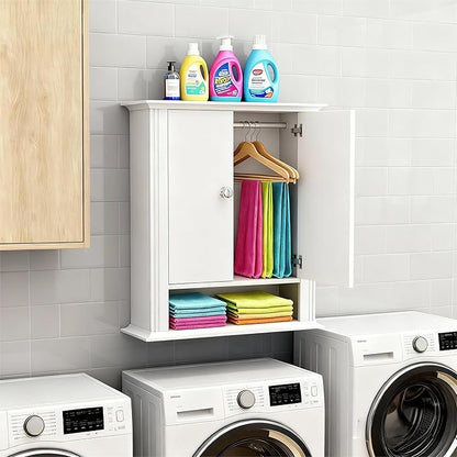 White Bathroom Wall Cabinet, Over the Toilet Storage Cabinet, Bathroom Cabinet Wall Mount, 2 Doors & Hooks, Medicine Cabinet Organizer, Hanging Wall Cabinet Cupboard for Kitchen Laundry Room White
