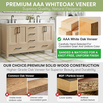 60-Inch Bathroom Vanity with Sink, 4 Soft-Close Doors and 6 Soft-Close Drawers, Bathroom Freestanding Vanity with Cultured Marble Countertop, Oak Vanity with Matte Black Handles