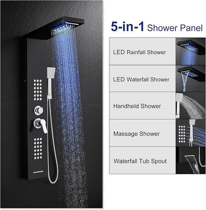 ROVATE 5 in 1 LED Rainfall Waterfall Shower Panel Tower System, Black | High Pressure Stainless Steel Shower Column with Tub Spout, Powerful Body Jets, Flexible Handheld, Brass Mixing Valve Body
