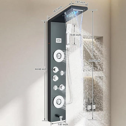 FUZ Shower Panel Tower System, Stainless Steel 6 Functions Shower Panel System with LED Fancy Rain Shower Head and Handheld, Adujstable Rain Massage Body Jets and Tub Spout, Matte Black Shower Tower