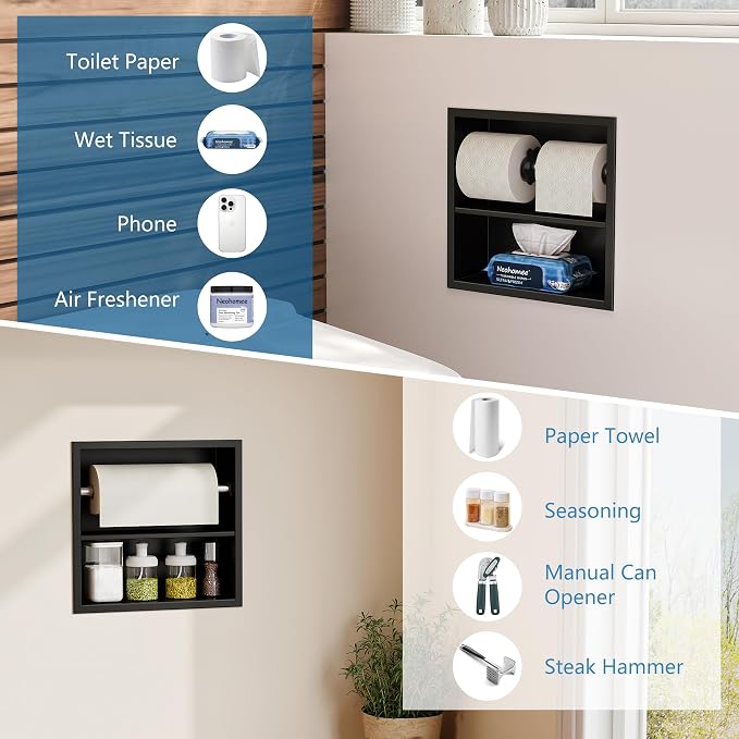 Neodrain Black Recessed Toilet Paper Holder,Double Layer Wet Tissue Holder | Space-Saving Wall Niche Cabinet Storage, Rustproof & Durable,For Bathroom, Kitchen & Vanity