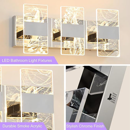 Modern LED Bathroom Light Fixtures Dimmable 3-Light Chrome Vanity Light, 5CCT Adjustable Lighting Fixture Vanity Lights Over Mirror, Smoked Acrylic LED Vanity Lights for Bathroom