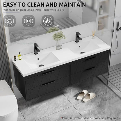 eclife 60" Bathroom Vanities Cabinet with Sink Combo, Wall Mounted Floating Cabinet W/Decor Line, Soft-Close System, 4 Extra Big Drawers, Matte Black Faucet, Black