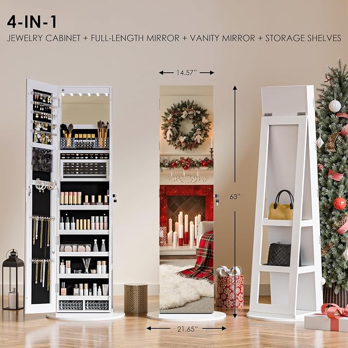 Zamildon's 360° Swivel Jewelry Armoire Cabinet, Lockable Freestanding Full Length Mirror Jewelry Organizer with Storage Shelves & Built-in Makeup Mirror, White