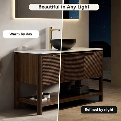 Yayzy 48 Inch Bathroom Vanity with Sink, Freestanding Dark Walnut Bathroom Cabinet, Black Marble Pattern Vessel Sink, Carrara White Sintered Stone Countertop, Soft Close Doors, Open Storage Shelf