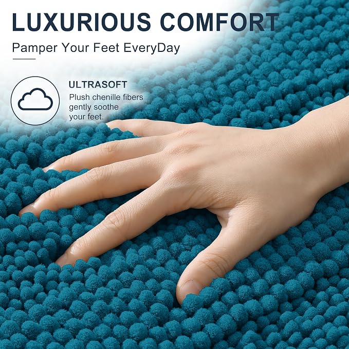 Smiry Thick Chenille Bathroom Runner Rugs 44x24, Bath Mat, Peacock Blue | Quick‑Dry & Machine Washable, Non‑Slip Bath Carpet, Soft Striped Bath Rugs for Tub & Shower, Modern Home Decor Accessories