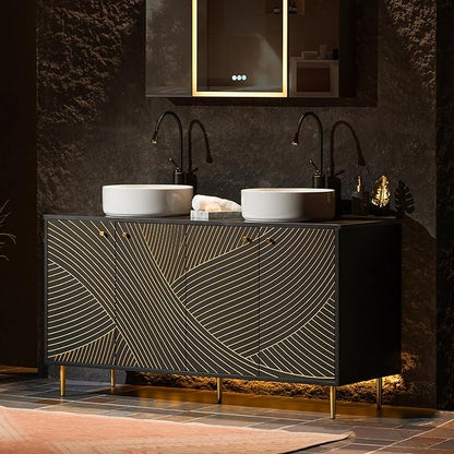 Woodbridge 60"X22" Bathroom Vanity with Double Ceramic Round Vessel Sinks,Black Engineered Stone Vanity Top– Hand-Painted Black & Gold Accents, Sleek Thin-Leg Frame, Space-Saving for Modern Living