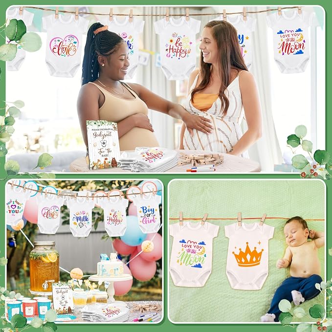 Panitay 126 Pcs Baby Shower DIY Bodysuit Set Bib 25 Blank White Newborn Bodysuit 25 Stencils 24 Marker 1 Sign 50 Pins(Woodland Animals)