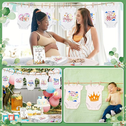 Panitay 126 Pcs Baby Shower DIY Bodysuit Set Bib 25 Blank White Newborn Bodysuit 25 Stencils 24 Marker 1 Sign 50 Pins(Woodland Animals)