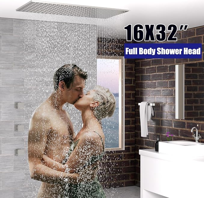 16" x 32" Luxury High Pressure Rain Shower Head, Ceiling Mount Rectangle Rainfall Showerhead with Silicone Nozzles Full Body Fixed Showerheads For Modern Bathroom, Brushed Nickel Plated Finish