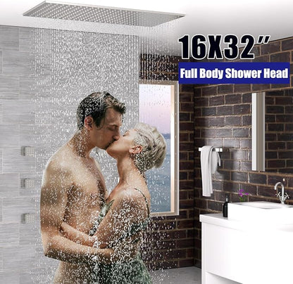 16" x 32" Luxury High Pressure Rain Shower Head, Ceiling Mount Rectangle Rainfall Showerhead with Silicone Nozzles Full Body Fixed Showerheads For Modern Bathroom, Brushed Nickel Plated Finish