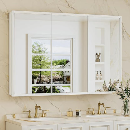 48 x 32 White Recessed Medicine Cabinet with Mirror, Assembly Required, Bathroom Medicine Cabinet with Mirror, Stepless Adjustable Shelves, Beveled Aluminum Frame, DTC Hinge