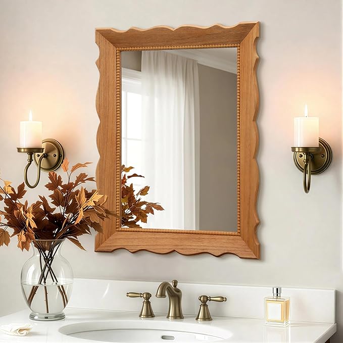 Besdomus Farmhouse Wooden Bathroom Mirror: 32" x 24" Light Brown Wood Mirror for Vanity/Entryway/Wall Decor - Ideal for Country Style Lovers