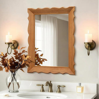 Besdomus Farmhouse Wooden Bathroom Mirror: 32" x 24" Light Brown Wood Mirror for Vanity/Entryway/Wall Decor - Ideal for Country Style Lovers