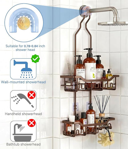 Upgraded Extended Length Shower Organizer with Hooks, Rustproof Shampoo Soap Holder, Large Hanging Bathroom Caddy, Brown