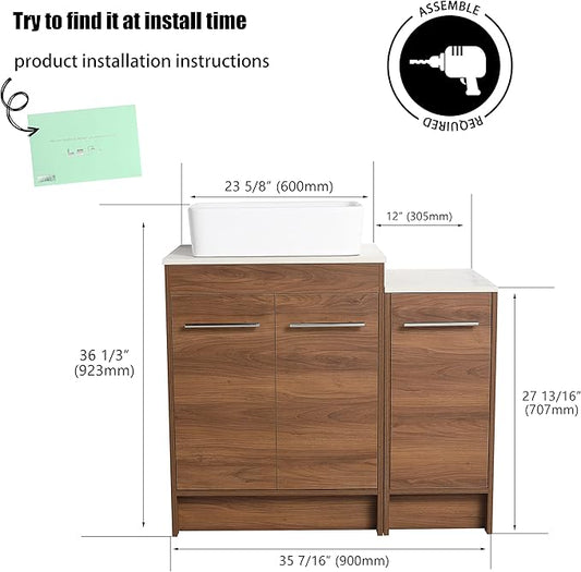 36" Bathroom Vanity, 36 Inch Freestanding Vanity with Ceramic Vessel Sink, Modern Single Sink Bathroom Vanity Combo, Brown Floor Stand Storage Cabinet Set (BRE110, 36 * 18)