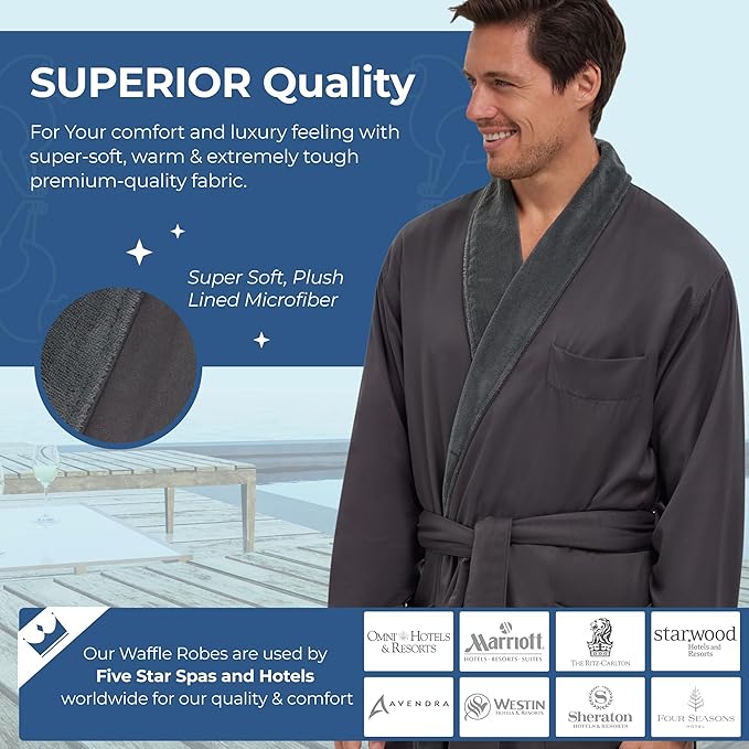 MONARCH Unisex Plush Lined Microfiber Bath Robe - Soft Shell with Polyester Lining, Resort-Grade Hotel & Spa Robe with Pocket