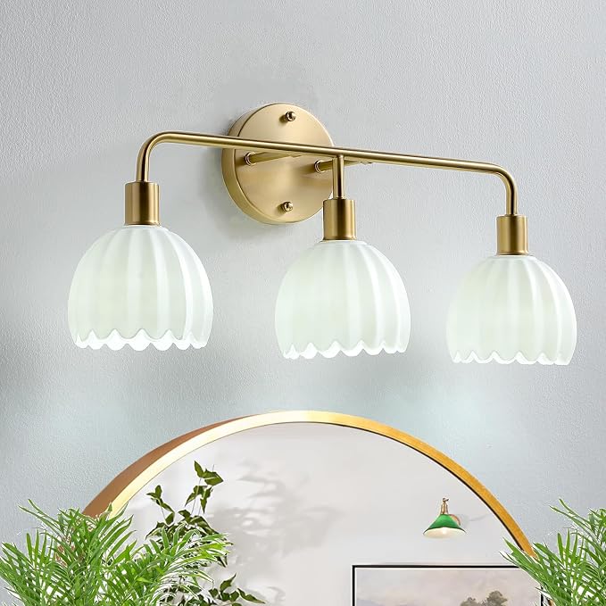 Brushed Gold 3-Light Vanlity Light Over Mirror,Wall Sconces,Gold Brass Bathroom Light Fixture with White Glass Flower Shade,E26 Socket(Bulbs Not Included)