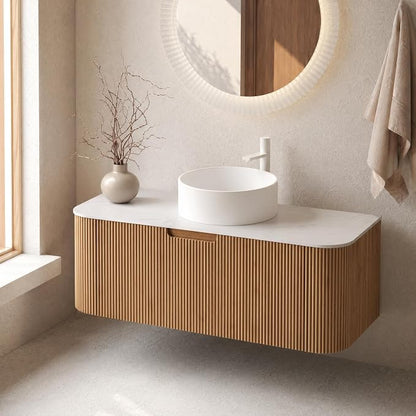 36 Inch Bathroom Vanity with Sink, Floating Wall Mounted Single Sink Vanity, Natural Woodgrain Curved Fluted Front, Stone Top, Pure White Round Vessel Basin, Pre-Assembled
