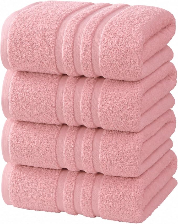 Velqora Bath Towels, 4 Pack, 30x60 in, 100% Cotton, Soft & Absorbent, Pink | Balanced Weight | Everyday Comfort | Easy Care