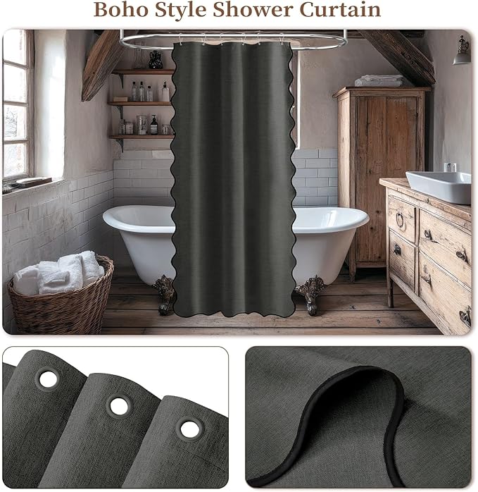 BTTN Boho Stall Shower Curtain, 36×72 Scalloped Linen Textured Heavy Duty Fabric Shower Curtain Set with 6 Hooks, Half Neutral Modern Decorative Waterproof Shower Curtain for bathrooms, Charcoal Grey