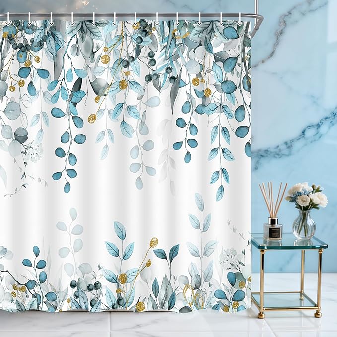 Extra Long Eucalyptus Shower Curtain 72X84 Inch, Teal Blue Watercolor Plants Leaves Floral Tall Bathroom Curtains, Botanical Foliage Waterproof Fabric Cloth Shower Curtain Set with Hooks
