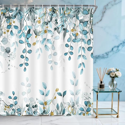 Teal Blue Eucalyptus Shower Curtain, Watercolor Plants Foliage Floral Bathroom Curtains, Cottagecore Botanical Leaves Waterproof Fabric Cloth Shower Curtain Set with Hooks 72X72 Inch