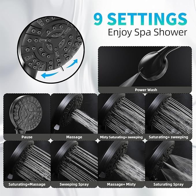 BESAQUO Shower Head, 9 Settings High Pressure shower head with handheld, Built-in Pause Mode & Power Wash, Non-Clogging Nozzles, 6ft Hose,Bracket (Matte Black)