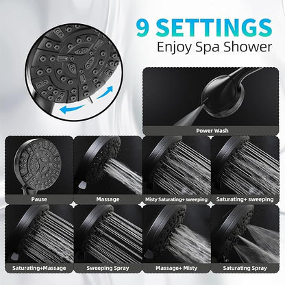 BESAQUO Shower Head, 9 Settings High Pressure shower head with handheld, Built-in Pause Mode & Power Wash, Non-Clogging Nozzles, 6ft Hose,Bracket (Matte Black)
