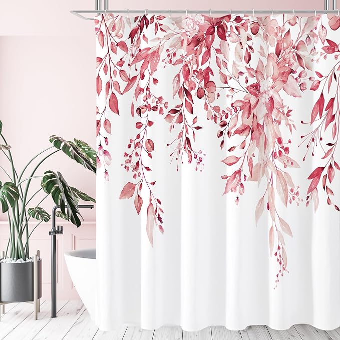 Pink Eucalyptus Shower Curtain, Watercolor Floral Print, 72x78 | Watercolor Plant Leaves Floral Print, Waterproof Fabric Bathroom Decor, Machine Washable, Rustproof Grommets