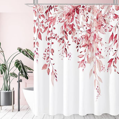 Pink Eucalyptus Shower Curtain, Watercolor Floral Print, 72x72 | Watercolor Plant Leaves Floral Print, Waterproof Fabric Bathroom Decor, Machine Washable, Rustproof Grommets