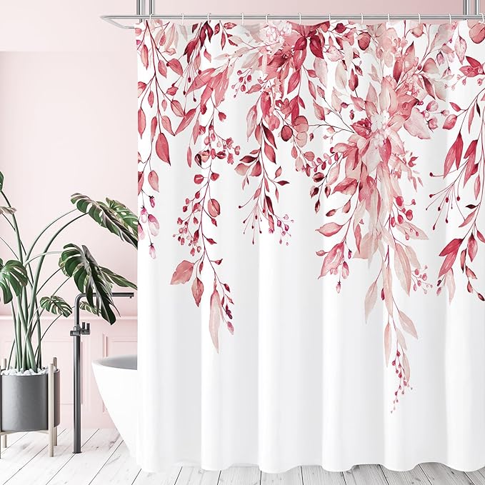 Pink Eucalyptus Shower Curtain, Watercolor Floral Print, 72x84 | Watercolor Plant Leaves Floral Print, Waterproof Fabric Bathroom Decor, Machine Washable, Rustproof Grommets