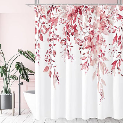 Pink Eucalyptus Shower Curtain, Watercolor Floral Print, 72x84 | Watercolor Plant Leaves Floral Print, Waterproof Fabric Bathroom Decor, Machine Washable, Rustproof Grommets