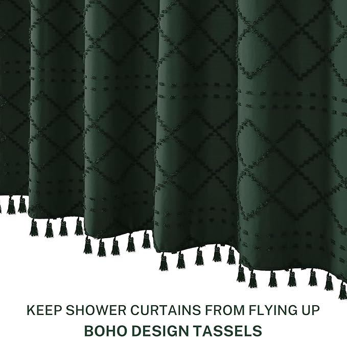 Extra Long Dark Green Boho Woven Fabric Cute 84 Inch Shower Curtain, 72 x 84 Tufted Chevron Textured Striped Modern Farmhouse Minimalist Cloth Shower Curtain for Bathroom