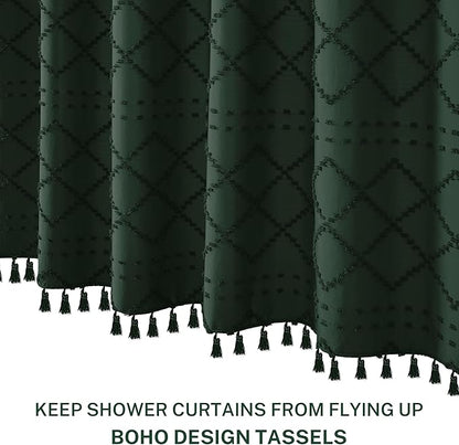 Extra Long Dark Green Boho Woven Fabric Cute Shower Curtain, 72 x 78 Tufted Chevron Textured Striped Modern Farmhouse Minimalist Cloth Shower Curtain for Bathroom