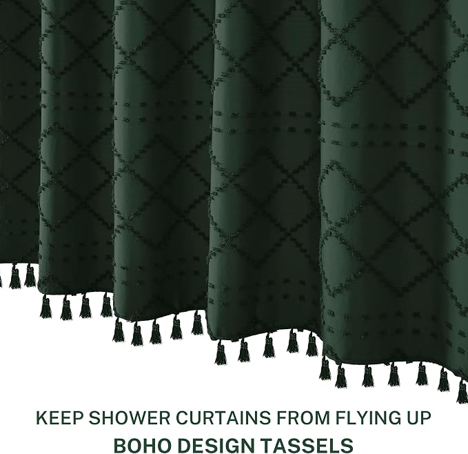 Siiluminisoy Dark Green Boho Shower Curtain Woven Fabric Cute Shower Curtain, 72 x 72 Tufted Chevron Textured Striped Modern Farmhouse Minimalist Cloth Shower Curtains for Bathroom